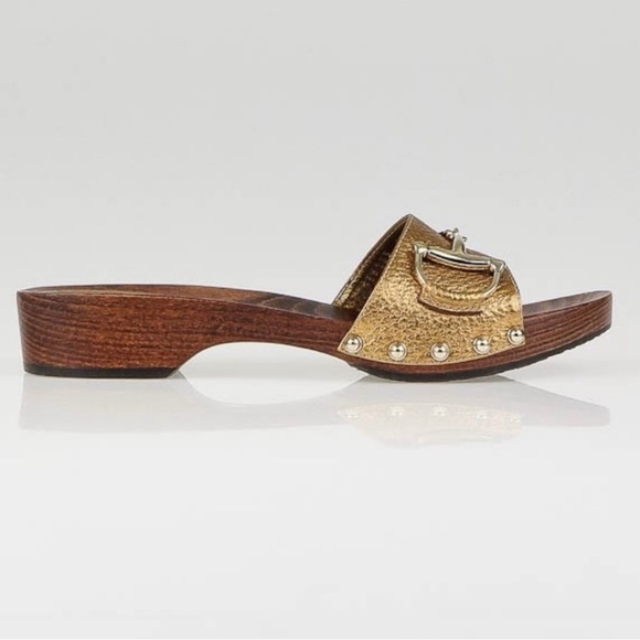 GUCCI Gold Leather Hasler Horsebit Clog Sandals - Picture 1 of 9